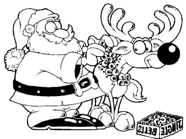 Wesoły renifer i Święty Mikołaj kolorowanka do druku